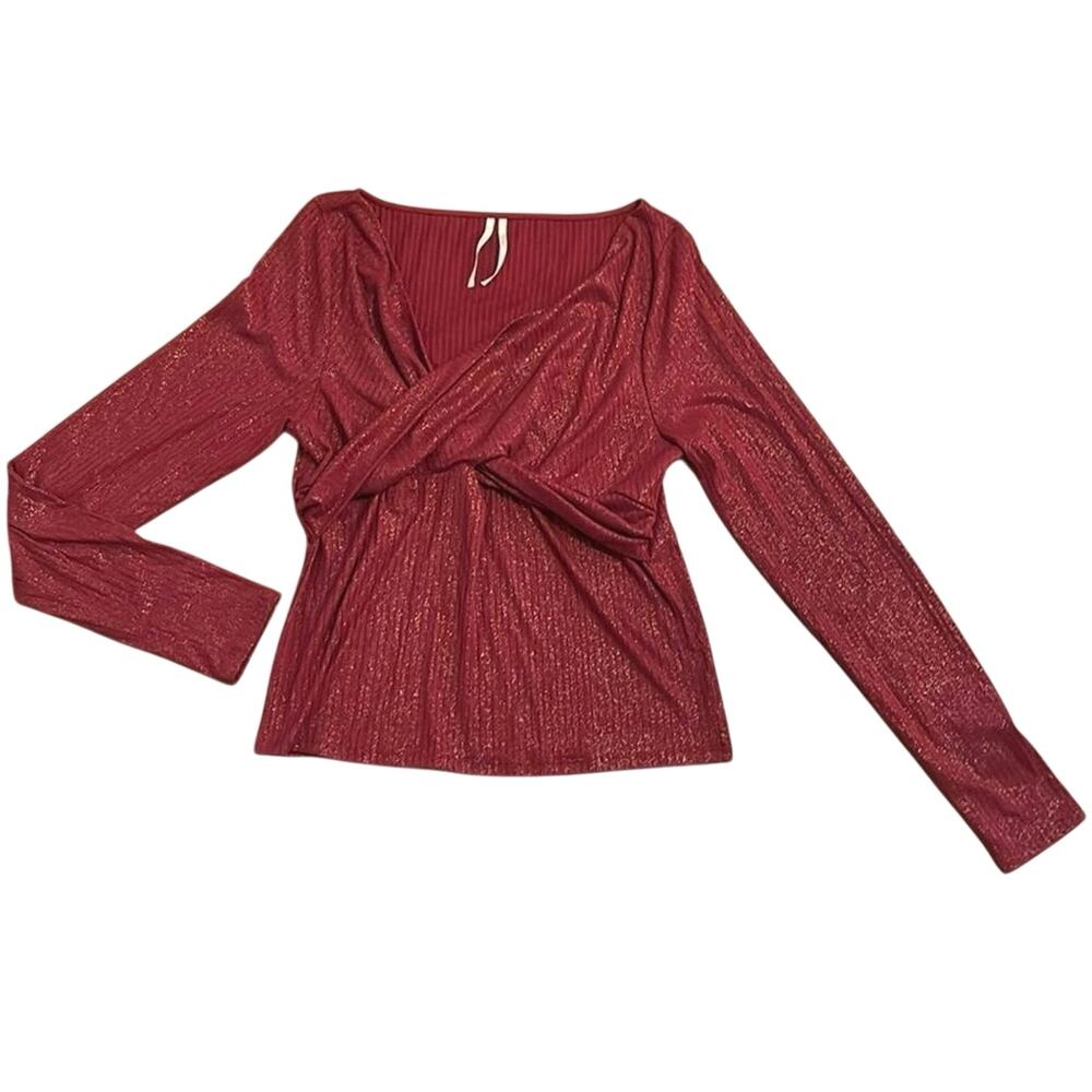 Anthropologie XL Metallic Ribbed Twist Front Knit Top Wine Red Long Sleeve